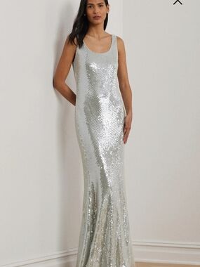 NWT $295 Lauren Ralph Lauren Column Evening Gown Sz 8 Silver/Icy Blue Hue